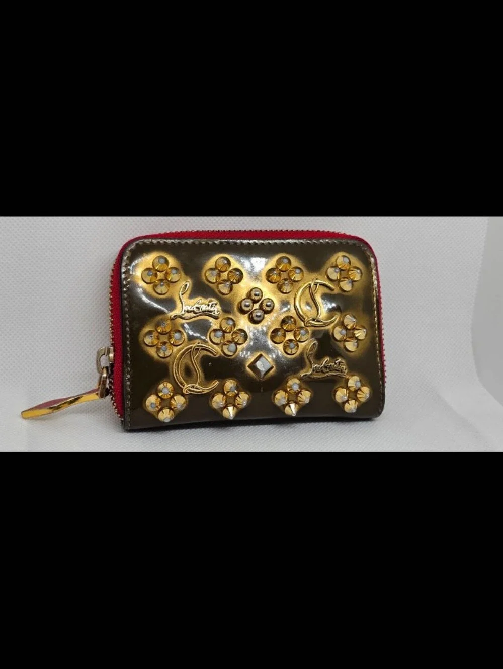 Christian Louboutin Panetone Metallic Gold Studded Zip Coin Wallet with Red Trim - Picture 2 of 5